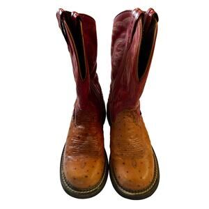 Justin Women’s Ostrich Print Western Cowboy Boots - Red/Cognac (Size 7B)